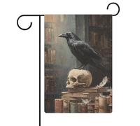 Corbeau perché sur un vieux crâne drapeau de jardin saisonnier vacances toile de jute double face maison cour drapeaux extérieurs 30,5 x 45,7 cm