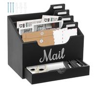 Corbeille à courrier en bois avec 4 compartiments et tiroir, 28 x 25 x 18 cm, trieur de courrier en bois, porte-documents pour chambre à coucher, maison, bureau, cuisine, maison (noir, 1 pièce)