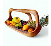 Corbeille à fruits avec poignée | Bol décoratif fabriqué à la main en bois d'olivier avec poignée | Design unique finition naturelle | Parfait pour servir la décoration de la maison, respectueux de