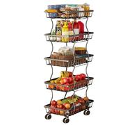 Corbeille à fruits pour cuisine, support de chariot en fil métallique mince avec poignée en bois et roulettes, étagère empilable pour le rangement des légumes, peut également être utilisée dans le sal
