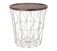 Corbeille d'appoint en métal 39 cm - Crème - Table en osier avec aspect bois - Plateau de table marron - Petite table décorative avec panier de rangement