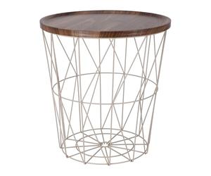 Corbeille d'appoint en métal 39 cm - Crème - Table en osier avec aspect bois - Plateau de table marron - Petite table décorative avec panier de rangement