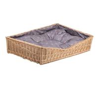 Corbeille pour chien rectangulaire ,panier en osier naturel doublée avec joli coussin gris imprimé petits os roses