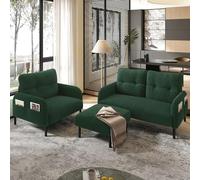 Cord Lot de 3 fauteuils, tabourets, canapé 2 places avec poche latérale, structure en tube d'acier et dossier extra doux, assise profonde, modulaire, combinable pour le salon, vert émeraude