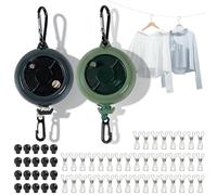 Corde à Linge Rétractable Camping, Fil à Linge Rétractable avec Manivelle 10 m, Charge 50 kg, Inclus 20 Pinces et 10 Fixations, Lot de 2 Noir/Vert, Idéal pour Camping, Camping-Car et Voyage