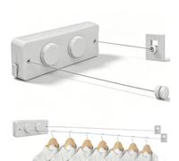 Corde à Linge Rétractable, Double Ligne 2x5,2m Mural Séchoir à Linge pour Intérieur et Extérieur, Acier Inoxydable 20kg Charge Montage sans Perçage Corde Linges pour Hôtels Particuliers Blanc