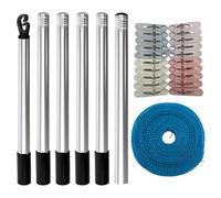 Corde à linge télescopique pour extérieur, bâton total de 2,3 m - Perche à linge avec corde à linge de 10 m et 20 clips, pour support de linge, cour, jardin, pelouse, terrasse