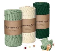 Corde Macramé,Fil Macramé 3mm x100m,3 Pièces Macrame Corde,Macramé Kit pour Crocheter Bricolage Artisanat(Vert Foncé, Beige,Vert Clair)