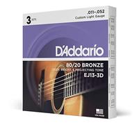 D'Addario Cordes pour guitare acoustique EJ13-3D Bronze 80/20 Custom Light 11-52 – 3 jeux