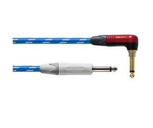 CORDIAL - CXI3RP-SKY-SILENT - Câble guitare jack Silent coudé tweed bleu 3 m, Fiches NEUTRIK 6,35 mm avec Silent coudée - gaine textile blanc/bleu, Peak