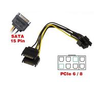 Cordon adaptateur PCIe 6 ou 8 points Mâle pour carte graphique vers 2 alimentations SATA Mâle 15 points. Longueur 20 cm