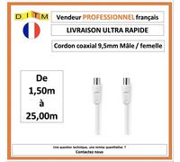 Cordon antenne Coax Mâle / Coax Fem Droit - 9,5mm - de 1,50m à 25,00m blanc