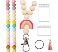 Cordon coloré en perles en bois avec breloque arc-en-ciel - Porte-badge pour enseignant, clé tendance et cordon d'identification pour femme, accessoire de perles bohème