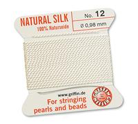 Cordon/cordelette/fil pour enfilage de perles 100 % soie naturelle avec aiguille Blanc - 2 mètres - 13 tailles disponibles, blanc, 0.98mm