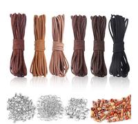 Cordon en cuir plat de 3 mm - 6 couleurs - Avec fermeture et perles en macramé - Pour chaînes de 30 m (5 x 6 m) - Pour bricolage, bracelet, collier, artisanat, bijoux