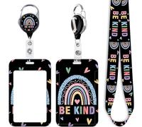 Cordon noir cool pour badge d'identité, clés, cœur d'amour - Enrouleur de badge rétractable avec clip - Porte-clés arc-en-ciel mignon pour femmes, filles, enfants, infirmières, enseignants, pour le