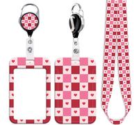 Cordon pour carte d'identité rose et rouge et bobine rétractable avec clip - Cordon tour de cou mignon pour clés, badge d'identification pour femmes, enfants, filles, enseignants, porte-clés en forme