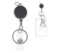 Cordon rétractable pour badges d'identité, porte-clés rétractable robuste avec cordon extensible de 30 cm, bobine de badge en métal pour clés, cartes d'identité (1, noir)