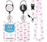 Cordon rose avec nœud pour badges d'identité, joli porte-badge rétractable avec mousqueton pivotant à 360° pour infirmière, étudiante, enseignante