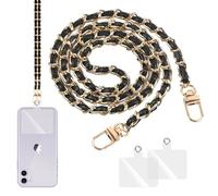 Cordon Sac à Main en PU Cuir Aluminium Lanière Universelle Longue Dragone Anti-perte Bandouliere Longue,Chaine Telephone Portable Tour Cou avec 2 Patch Rechange de Plupart des Smartphones (A:Noir)