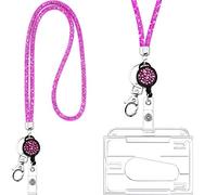 Cordon tour de cou avec strass - Porte-badge d’identification et porte-clés - Transparent et rose