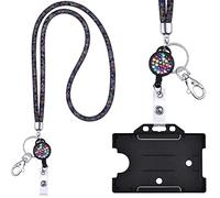 Cordon tour de cou en cristal rond noir/multicolore - Kit complet porte-carte avec yoyo porte-clés pour événement et bureau