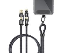 Cordon Tour du Cou 4 en 1 USB 5A USB-C 240W Lightning Charge Rapide Anti-noeuds LinQ Noir