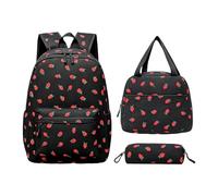 Corduroy Backpack - Strawberry Print Student Bookbag & 3-Piece Set | Corduroy Material Featuring Large Capacity Weight Reducing Design And Matching Lunchbox And Pencil Case For Back To School Gi