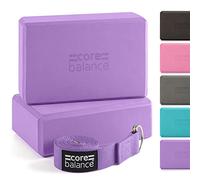 Core Balance - Lot 2 Blocs de Yoga + 1 Sangle - Brique Confort, Robuste, Légère en Mousse EVA Haute Densité pour Stretching, Fitness, Pilates - Ceinture Coton avec Boucle de Serrage D, 5 Couleurs