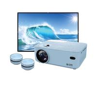 Core Innovations Ensemble home cinéma avec projecteur, écran de 120" et deux mini haut-parleurs instantanés Bluetooth sans fil à conduction osseuse, bleu mer