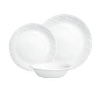 Corelle Service de table (12 pièces, tissage lin) - Service de table pour 4 personnes comprenant 4 assiettes plates, assiettes à dessert et bols 3 fois plus durables, moitié moins d'espace et poids de