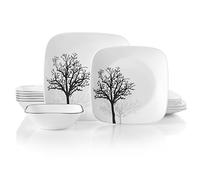 Corelle Service de table 18 pièces pour 6 personnes, motif bois noir et blanc, résistant aux éclats, comprend des assiettes carrées de 26 cm, des assiettes à salade/à dessert carrées de 17 cm et des