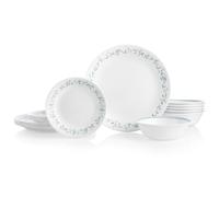 Corelle Service de table 18 pièces pour 6 personnes, motif maison de campagne bleu et blanc, service de table résistant aux éclats, comprend des assiettes plates de 26 cm, des assiettes à salade/à