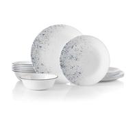 Corelle Service de table 18 pièces pour 6 personnes, motif moucheté indigo, bleu et blanc, vaisselle résistante aux éclats, comprend des assiettes plates de 26 cm, des assiettes à salade/à dessert de