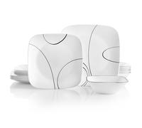 Corelle Service de table 18 pièces Simple Lines, noir et blanc pour 6 personnes, vaisselle résistante aux éclats, comprend des assiettes plates carrées de 26 cm, des assiettes à salade/à dessert