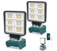 CORESLUX Lot de 2 lampes LED sans fil pour Makita 18 V, 48 W 5200 lm, projecteur portable avec 2 modes de luminosité, projecteur LED avec USB et type C, projecteur pour réparation automobile
