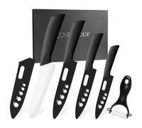 CORESLUX Lot de 4 couteaux de cuisine céramique, 1 éplucheur, revêtement antiadhésif, tranchant, couteau de chef, fruits, légumes, viande (blanc)