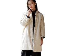 CORETIC Manteau matelassé mi-long pour femme Automne Hiver Style chinois Coton Lin Tang Costume Manteaux avec poches, lin, taille unique