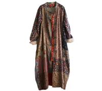 CORETIC Trench Coat Femme Coton Lin Imprimé Floral Veste Style Chinois Patchwork Outwear, Vintage Gris, X-Large