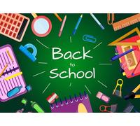 CORFOTO 1.8x1.2m Décoration de Fond en Tissu avec Tableau Noir, Motif Papeterie, Crayon, Cahier, Calculatrice, thème rentrée Scolaire, activité en Classe, fête d'enfants, photomaton