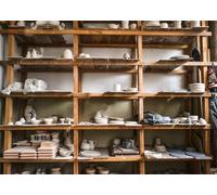 CORFOTO 1.8x1.2m Étagères en poterie Toile de Fond pour Atelier de poterie Vitrines en Bois Fond de Photographie Atelier créatif Décorations de fête à thème Bannière Accessoires de séance Photo