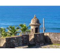 CORFOTO 1.8x1.2m Tissu Tourelle de Fort Colonial Palmiers mer des Caraïbes Ciel Bleu décor Architecture Historique Tropicale arrière-Plan Photographique pour Voyage Photo Booth