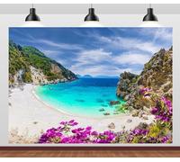 CORFOTO 10x6.5ft Toile de Fond en Tissu Grec pour Plage, mer Ionienne, île de Lefkada, Printemps, Montagne, mer Bleue, décor de fête à thème Grec, Portrait, séance Photo, Accessoires de Stand de