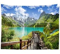 CORFOTO 150x130CM Les montagnes Tapisserie Vue sur les montagnes enneigées lacs bleus et forêts Tapisserie murale Chambre, salon, collège, dortoir, décoration familiale Image accrochée au mur
