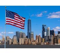 CORFOTO 2.1x1.5m Toile de Fond en Tissu avec la Skyline de New York, Le One World Trade Center, Le Drapeau américain et Un Motif Urbain de New York - Accessoire pour photomaton
