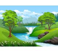 CORFOTO 2.5x1.8m Dessin animé Vert forêt Fond Montagne Eau Nature Paysage Photographie Toile de Fond Bois Toile de Fond Enfants fête d'anniversaire bébé Douche décor gâteau Table photomaton