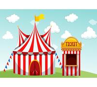CORFOTO 2.5x1.8m Rouge Chapiteau de Cirque Toile de Fond Grand Chapiteau Carnaval Thème Fête d'anniversaire Photo Fond Dessin Animé Parc Herbe Ciel Nuage Carnaval Photomaton Bannière Décorations