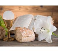 CORFOTO 2.5x1.8m Saint Graal avec Pain sans levain Toile de Fond pour Photo Sacrement de la Communion Toile de Fond pour la Sainte Communion Décor pour événement d'église
