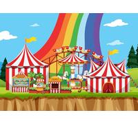 CORFOTO 2.5x1.8m Toile de Fond de Cirque Tentes de Cirque Rouges avec Arc-en-Ciel Photographie Fond Carnaval Thème Fête d'anniversaire Arrière-Plans Photo Baby Shower Photo Booth Accessoires