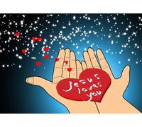 CORFOTO 2.7x1.8m Toile de Fond pour événement chrétien Motif cœur Rouge et étoiles, « Jésus t’Aime », décoration pour Rassemblement Religieux (Pâques, fêtes religieuses, photomaton)